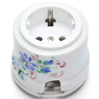 Нажмите для увеличения Розетка с заземлением и шторками для наружного монтажа фарфоровый Salvador OP12WT.RJ, белый с росписью Жостово