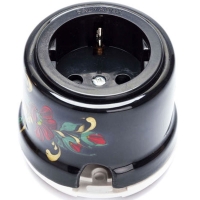 Нажмите для увеличения Розетка с заземлением и шторками для наружного монтажа фарфоровый Salvador OP12BL.HL, черная с росписью под Хохлому