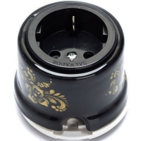 Нажмите для увеличения Розетка с заземлением и шторками для наружного монтажа фарфоровый Salvador OP12BL.GD, черный с золотым цветочным орнаментом