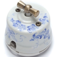 Нажмите для увеличения Выключатель ретро двухклавишный (оконечный) 4-х позиционный фарфоровый Salvador ОР21WT.GZ, белый с росписью под Гжель