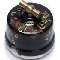 Нажмите для увеличения Выключатель ретро двухклавишный (оконечный) 4-х позиционный фарфоровый Salvador ОР21BL.HL, черный с росписью под хохлому